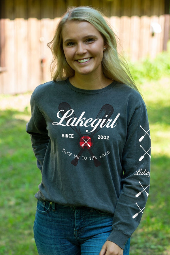 Crew Neck Long Sleeve Tee With Crossed Paddle Designs and Lake Girl Take Me To The Lake Phrase