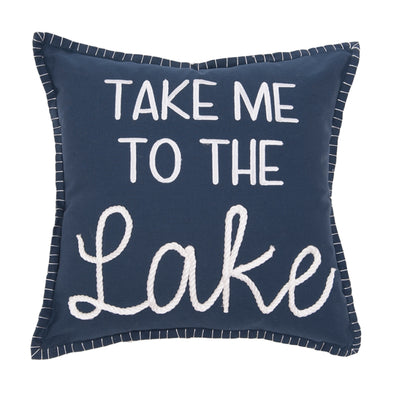 18 Inch Navy Square Throw Pillow Featuring Embroidered "Take Me to the Lake" Sentiment