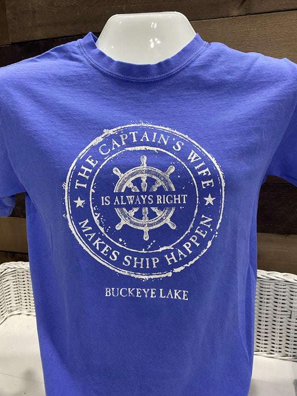 Blue Crew Neck Tee Shirt With Ships Wheel Design and The Captain's Wife Phrase