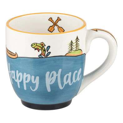 White and Blue Coffee Mug Featuring "The Lake is My Happy Place" Sentiment with Paddle and Fish Design