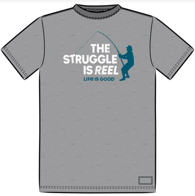 Classic Fit Gray Crew Neck Crusher Tee With Imprinted Man Fishing Design and The Struggle is Reel Phrase