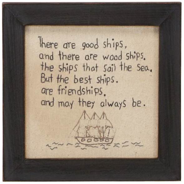 7.75 Inch Square Wood and Glass Framed Featuring Ship on Water Design and "There are Good Ships" Sentiment