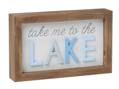 8 Inch Natural Wood Frame Box Sign Featuring "Take Me to the Lake" 3D Text Sentiment with Distressed White Background