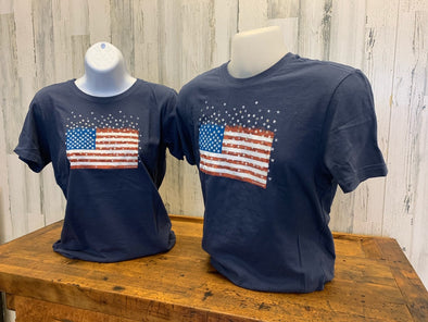 Men and Women Navy Blue Crusher Tee With Imprinted American Flag Design And White Trailing Stars 