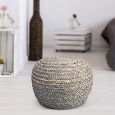 20 inch Gray and Natural Striped Two Tone Braided Gray Pouf Ottoman