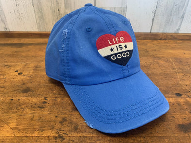 "Vintage Blue Adjustable Back Closure Cap With Life is Good Phrase on Embroidered Red, White, and Blue Striped Heart Design"