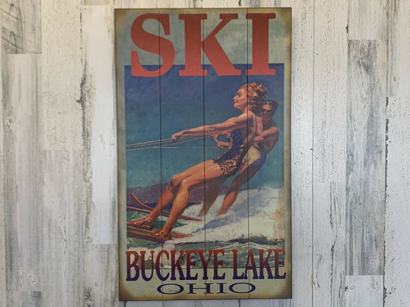 30 Inch Wooden Wall Art Sign Featuring "Ski Buckeye Lake Ohio" Sentiment with Couple Skiing Design