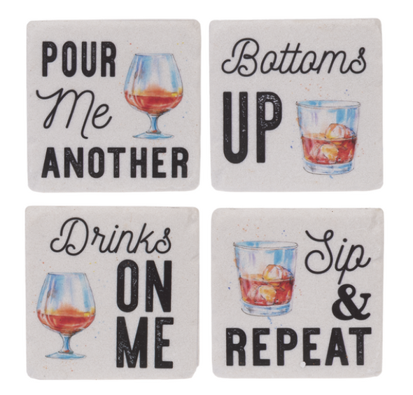 4 Inch Coaster Set Featuring Watercolor Happy Hour Text Design 
