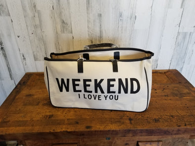 White Canvas Tote Bag With Leather Strap and Weekend I Love You Phrase