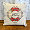 20 Inch White Square Pillow Featuring "Welcome Lake House" Sentiment with a Life Ring Design