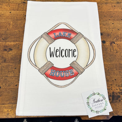 30 Inch 100% Cotton White Flour Sack Towel Featuring "Welcome Lake House" Sentiment with a Life Ring Design