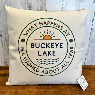 20 Inch White Square Pillow Featuring "What Happens at the Buckeye Lake is Laughed About All year" Sentiment with Sun and Waves Design