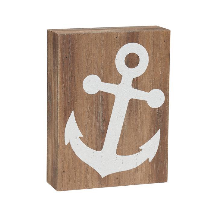 Nautical Block Sign with White Anchor, Coastal Decorative Wooden Sitter ...