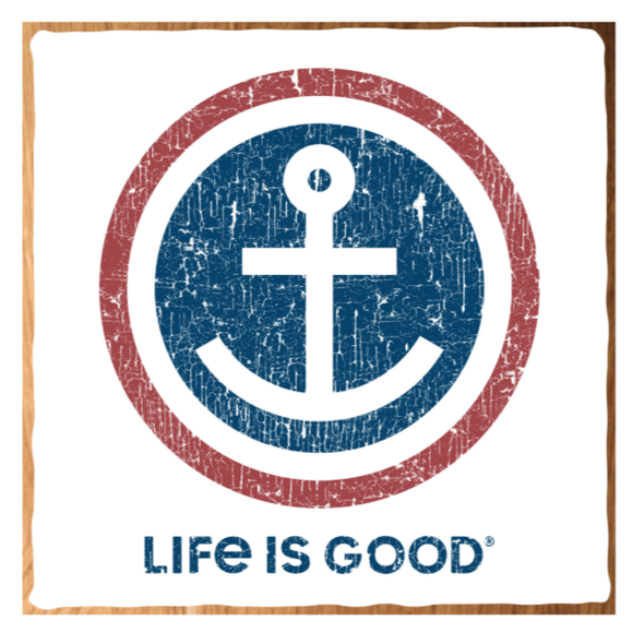 6 Inch White Wooden Sign With Anchor Design in Red and Navy Circle and Life is Good Phrase Below