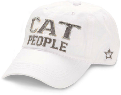 White Adjustable Back Closure Cap With Gray Applique and Embroidered Cat People Phrase