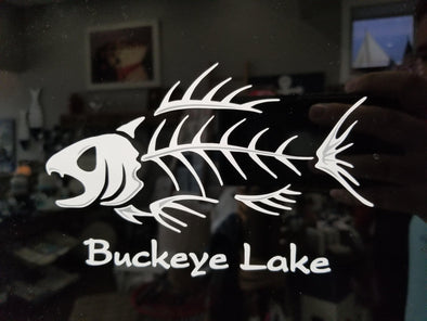 White Fish Bone Vinyl Auto Decal Imprinted With Buckeye Lake Phrase