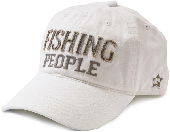 White Adjustable Back Closure Cap With Embroidered and Applique Fishing People Phrase