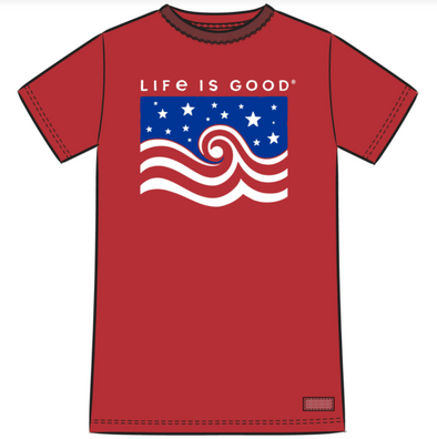 Classic Fit Red Crew Neck Tee With Stars and Waves Design And Life is Good Phrase