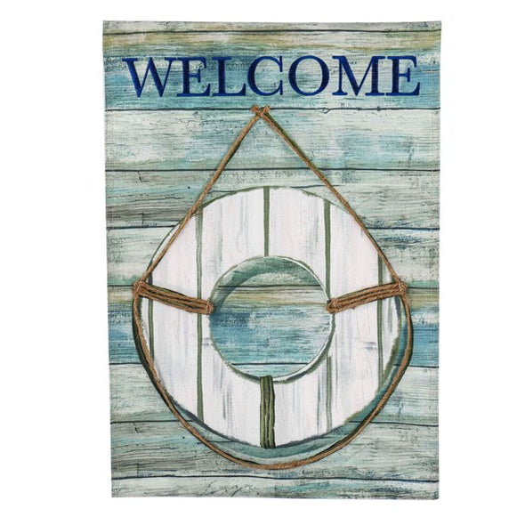 18 Inch Garden Linen Flag With Wood Background Design and Life Ring with Welcome Sentiment