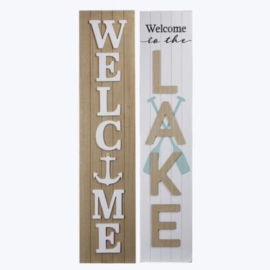 Wooden Door Leaner Wall Sign Featuring "Welcome" Sentiment with Anchor Design and "Welcome To  The Lake" Sentiment with Cossed Paddle Design