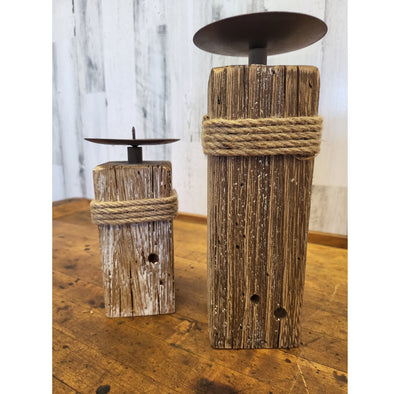 Wooden Candle Holders with Rope Tied Around in Small and Large Size Featuring a Rustic Finish Design