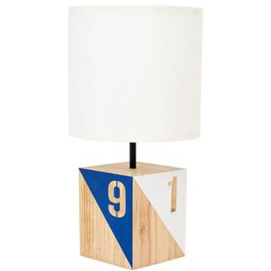 "25 Inch White Desk Lamp With Wooden Cube Base Featuring Number 9 and 1 with Blue and White Background"