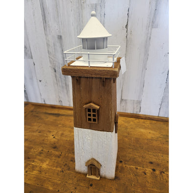14.5 Inch Wooden Lighthouse Home Decor Featuring Led on Top with White and Natural Wood Color Design