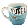 White and Blue Coffee Mug Featuring "You're Reel Great" Sentiment with Boat and Fish Design