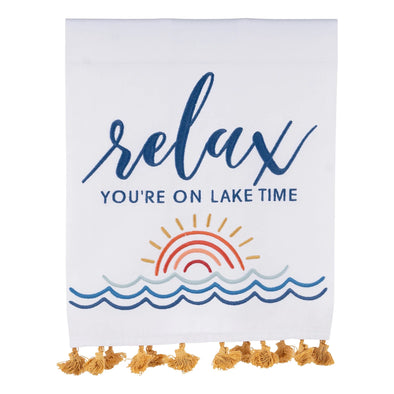 25 Inch White Tea Towel Featuring "Relax You're on Lake Time" Sentiment with Sun and Waves Design