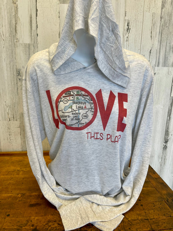 Light Gray Long Sleeve Hoodie Tee With Love this Place Phrase and Buckeye Lake Map inside the Letter O