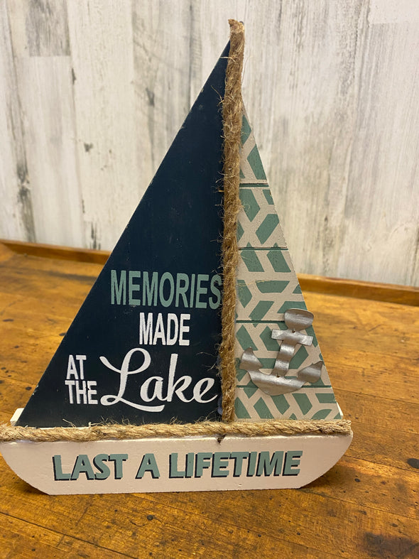 Wood Sail Boat with Lake Phrases